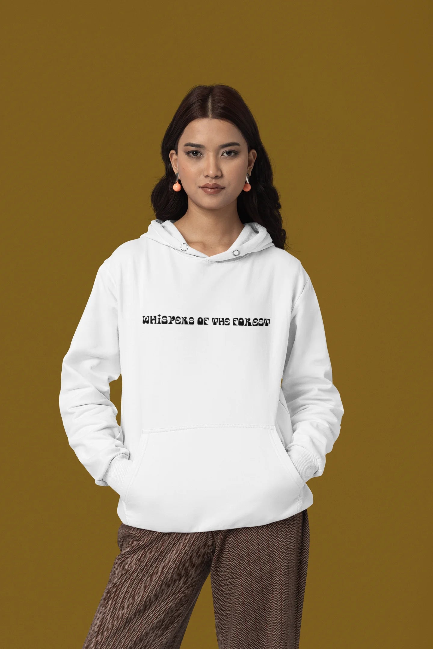 Second front view of a female model wearing a white hoodie with a design featuring three different types of butterflies, symbolizing the beauty and diversity of nature.