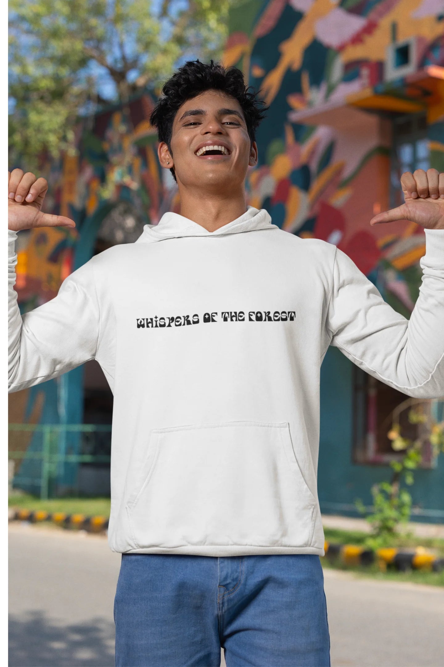 Third front view of a male model wearing a white hoodie with a design featuring three different types of butterflies, symbolizing the beauty and diversity of nature.