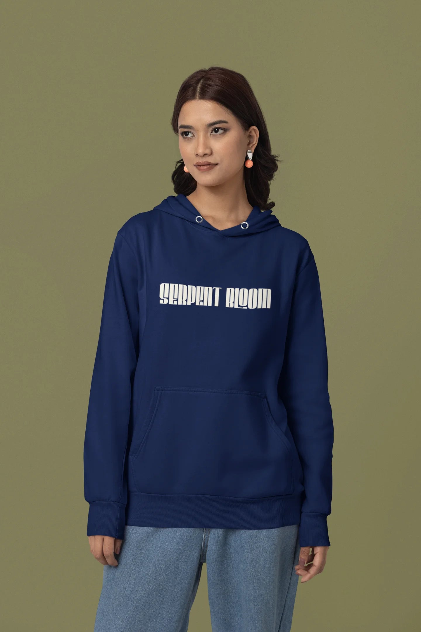 First front of female model wearing a navy blue hoodie with a snake coiled around flowers, symbolizing the harmony between nature and its creatures.