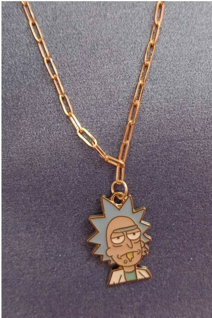 Third image of a rick and morty themed anti tarnish gold chain with a Rick inspired design.