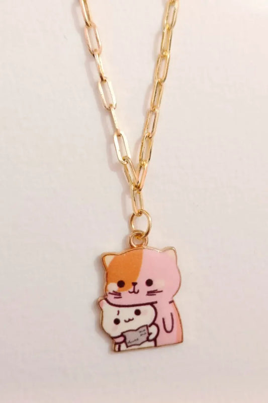 Second view of an anti tarnish gold chain necklace featuring a design of a mother cat and her kitten.