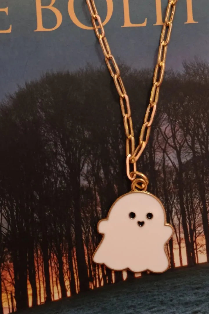 Fourth view of an anti tarnish gold chain necklace featuring a cute white ghost design.