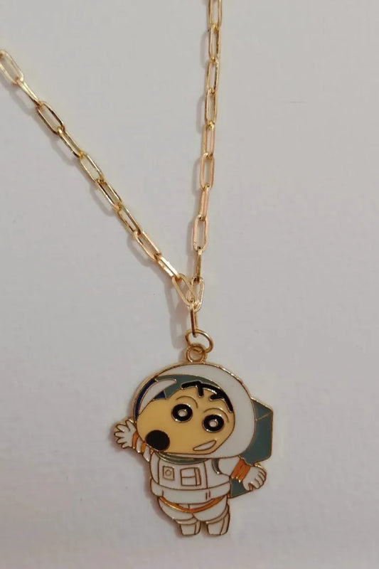 Second view of an anti tarnish gold chain necklace featuring Shinchan in a space suit, exploring the cosmos.