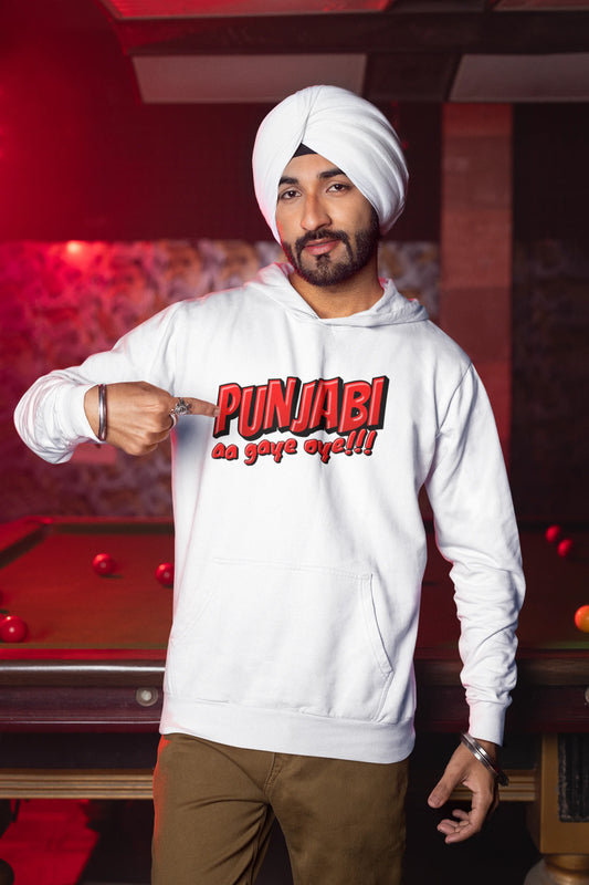 Second front view of a male model wearing an off-white hoodie with the text "Punjabi Aa Gaye".
