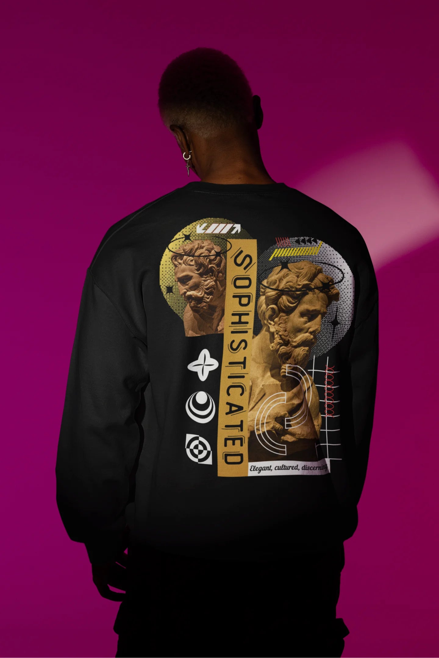 Second back view of a male model wearing a black sweatshirt with a sophisticated brutalist design featuring a Greek god statue.