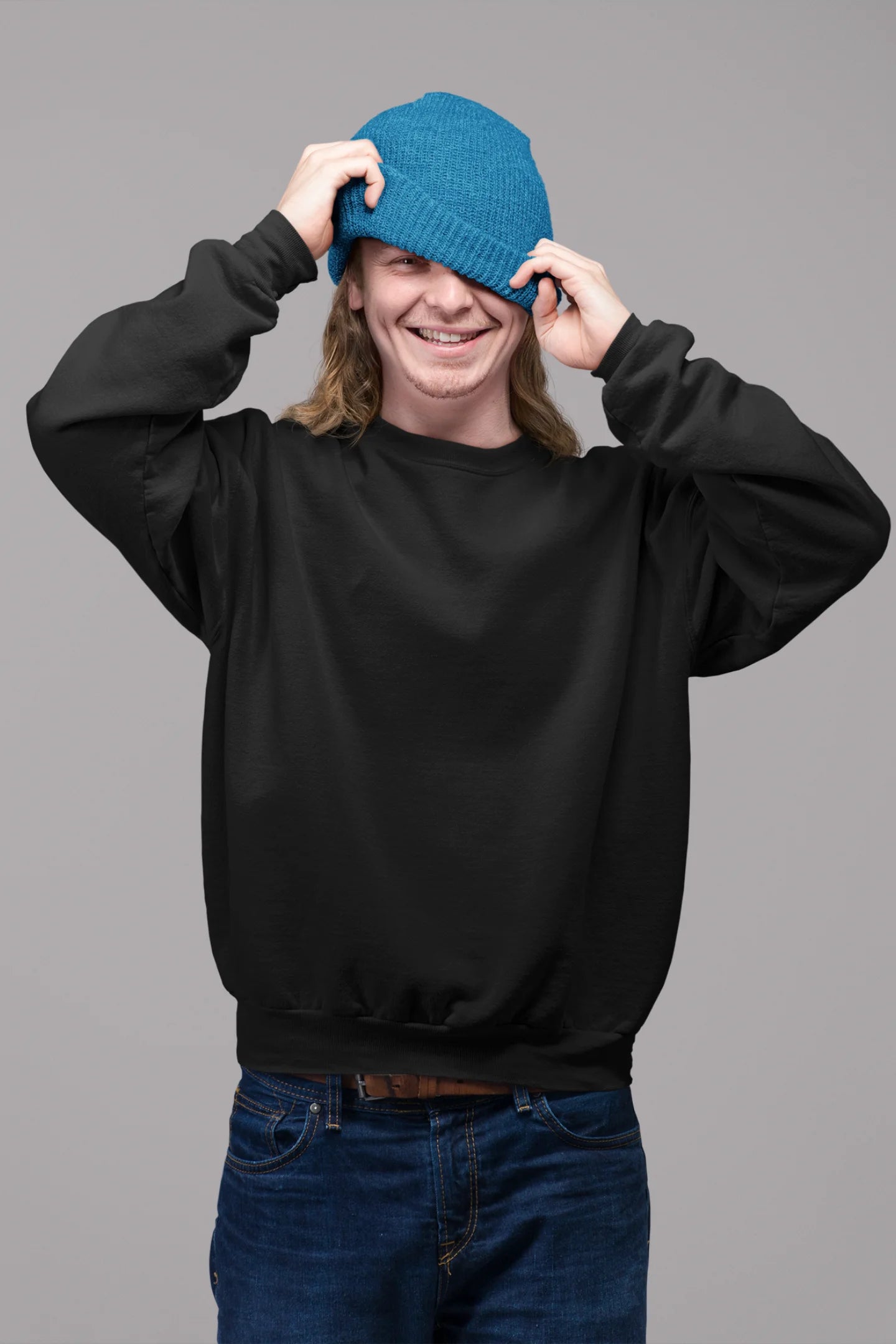4th front view of a male model wearing a black sweatshirt featuring a stunning design of corals and shells, evoking a serene underwater atmosphere.