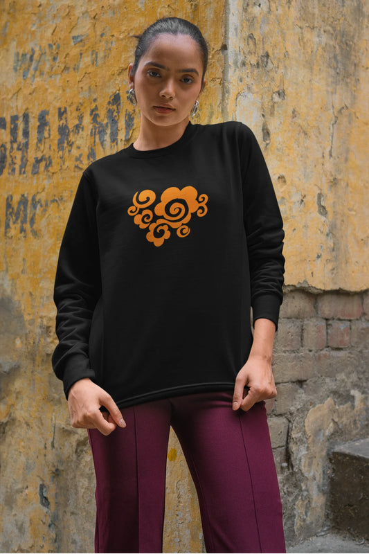 4th front view of a female model wearing a black sweatshirt featuring "Bindass" in a stylish Hindi font.