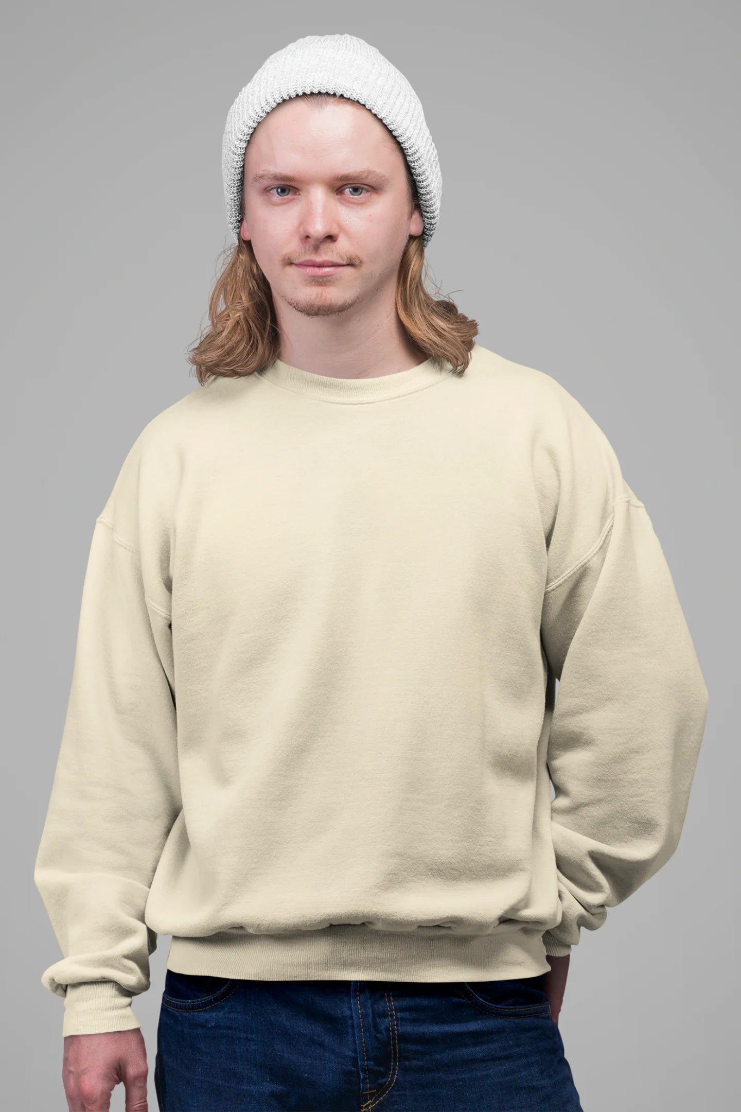 4th front view of male model wearing an cream sweatshirt featuring a thought-provoking design of a golden lock shaped like an insect. Ideal for those who love symbolic clothing and unique conversation starters.