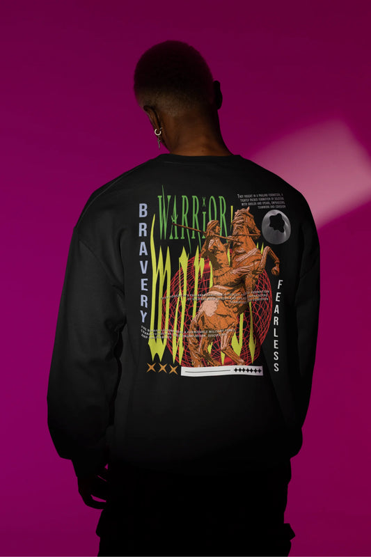 Second back view of a male model wearing a black sweatshirt with a brutalist warrior and horseback battle design.