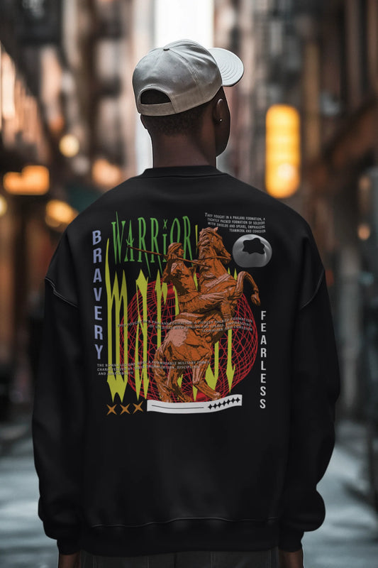 First back view of a male model wearing a black sweatshirt with a brutalist warrior and horseback battle design.