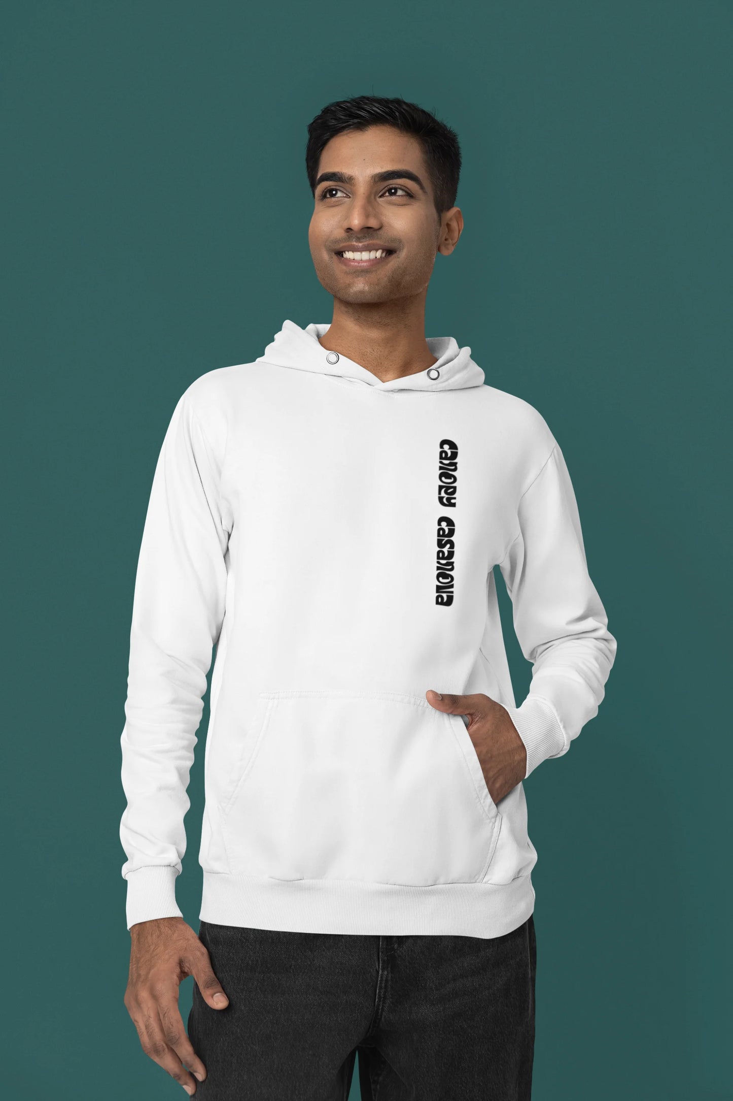 Fourth front view of a male model wearing a white hoodie with a toucan perched on a branch in a jungle setting.