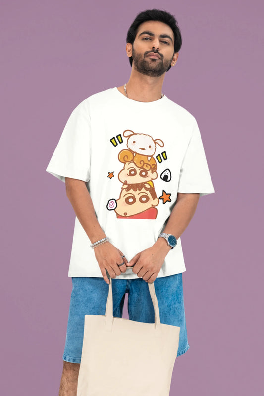 2nd front view of a male model wearing a off-white oversized t-shirt featuring Shinchan, Bo-chan, and Shero together.