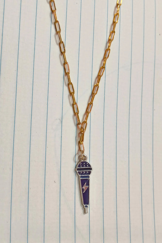 2nd view of a gold chain necklace with a small pendant shaped like a K-Pop microphone.