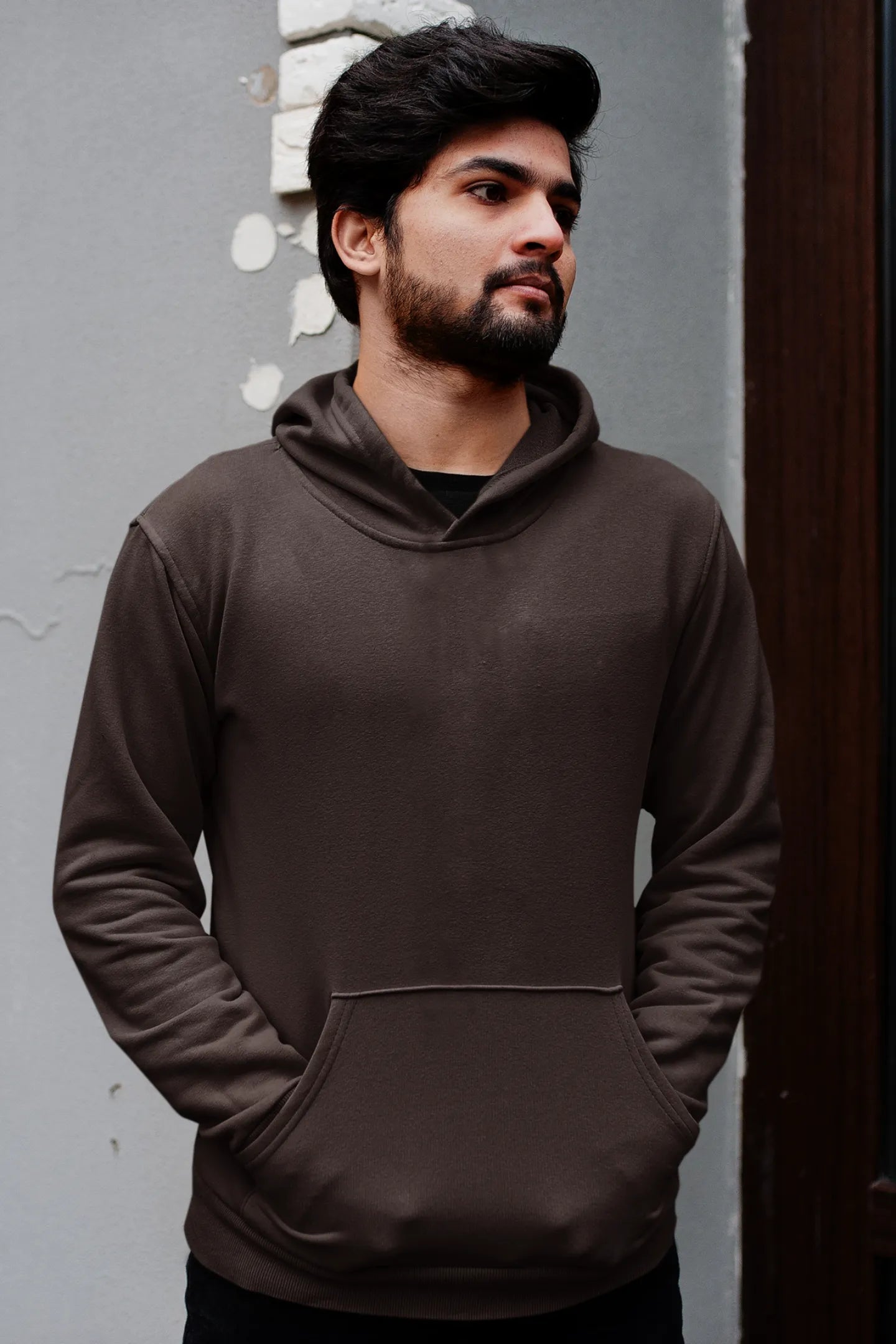 First front view male model wearing a chocolate brown hoodie with a design of a fox and its cub in a traditional Japanese landscape.