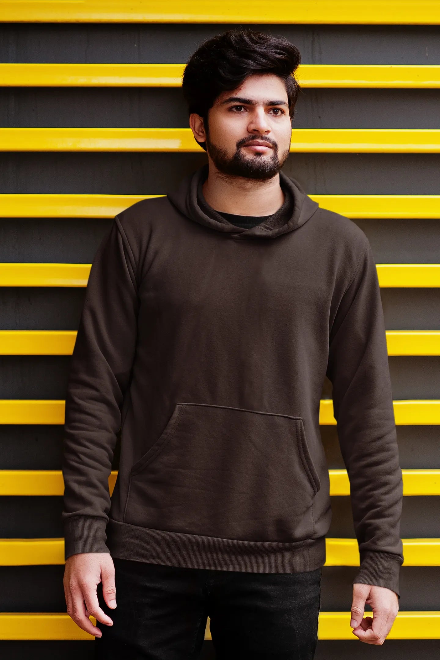 Second front view male model wearing a chocolate brown hoodie with a design of a fox and its cub in a traditional Japanese landscape.