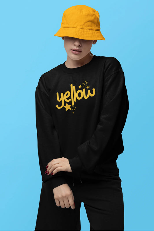 First front view of a female model wearing a black sweatshirt with the "Yellow" album artwork by Coldplay.