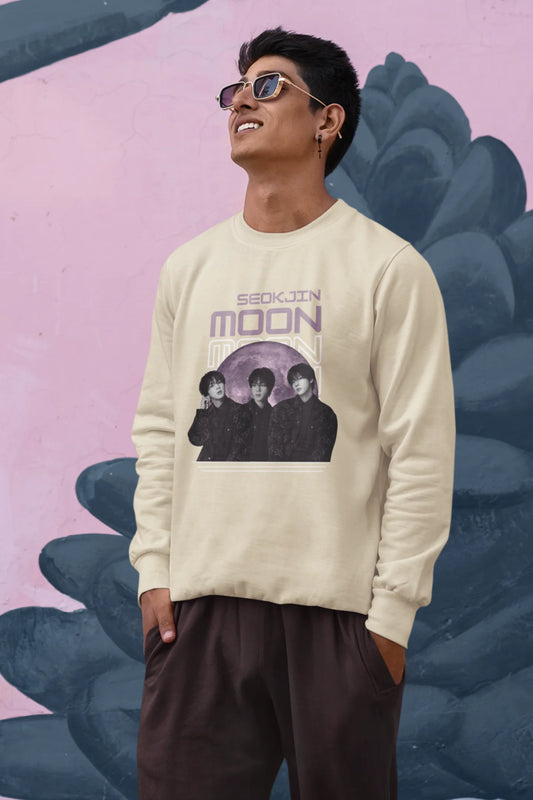 Second front view of male model wearing an cream sweatshirt featuring a unique design inspired by BTS member Jin, also known as "Worldwide Handsome." Ideal for fans of BTS and K-Pop music enthusiasts in general.