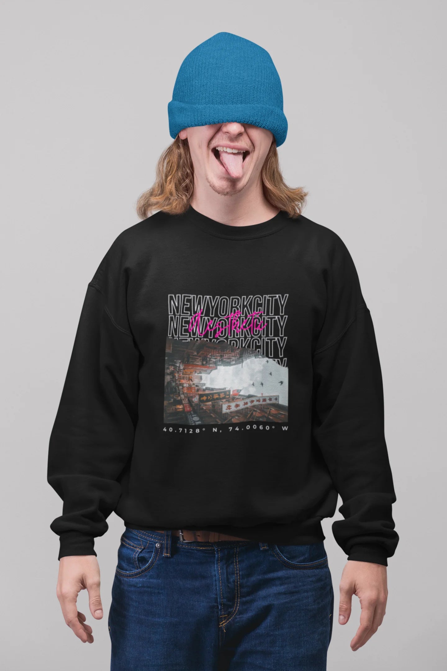 3rd front view of a male model wearing a black sweatshirt with a New York City skyline design, offering a relaxed urban aesthetic.