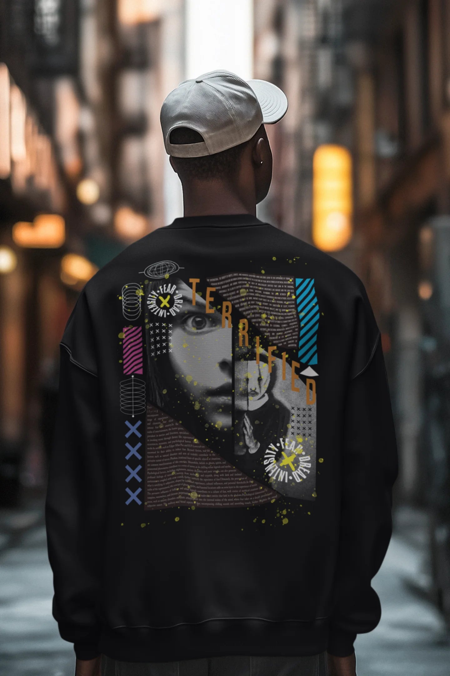 First back view of a male model wearing a black brutalist-inspired sweatshirt featuring an abstract depiction of terrified people in a stylized font.