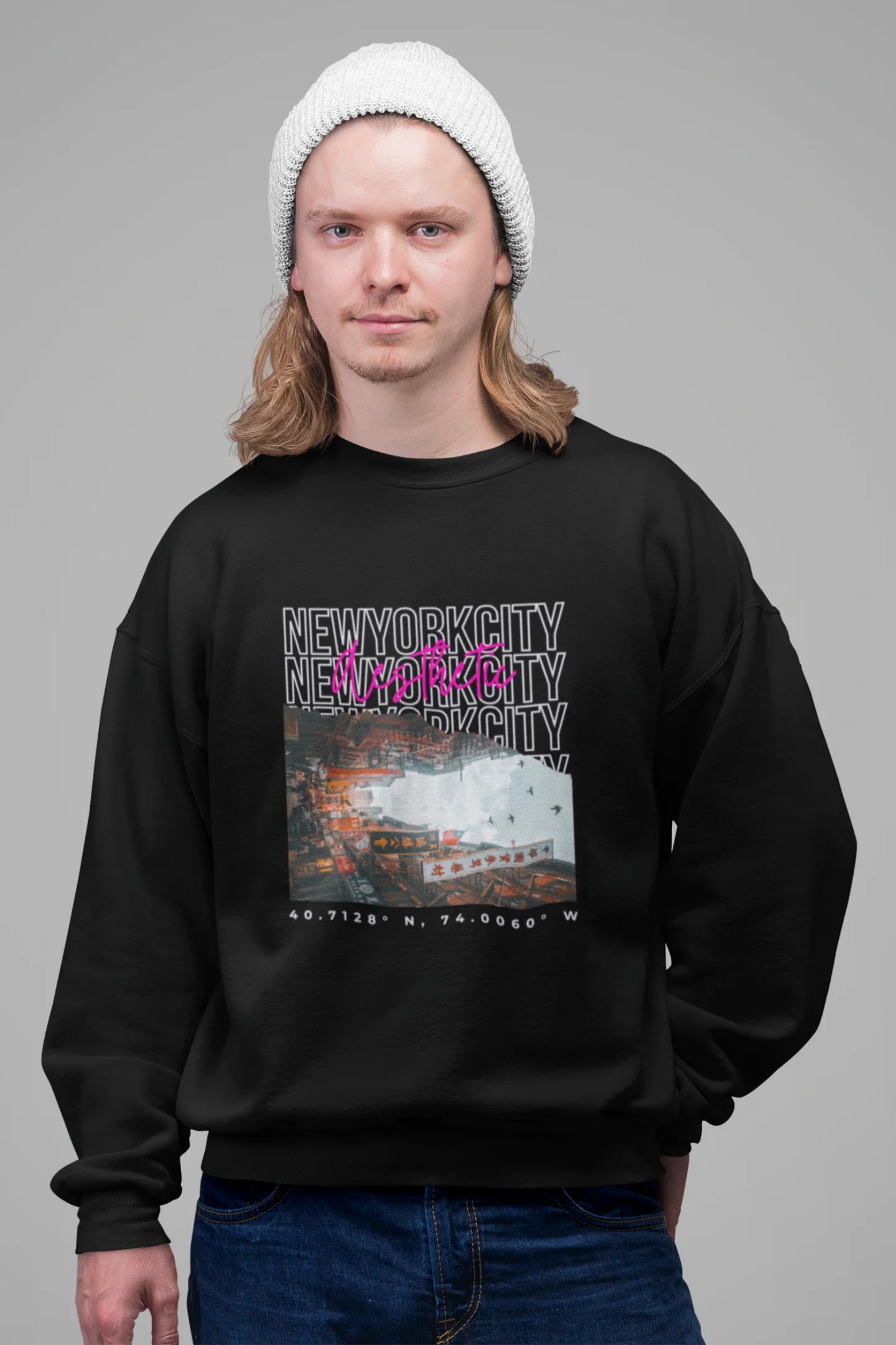 First front view of a male model wearing a black sweatshirt with a New York City skyline design, offering a relaxed urban aesthetic.