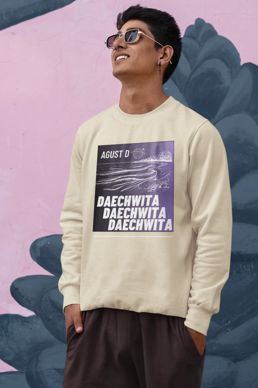 First front view of a male model wearing a cream sweatshirt featuring a bold design inspired by BTS member Suga's alter ego, August D. Ideal for BTS fans (ARMY) and K-Pop enthusiasts who love rap music and artist individuality.