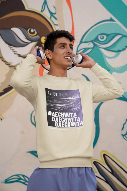 Second front view of a male model wearing a cream sweatshirt featuring a bold design inspired by BTS member Suga's alter ego, August D. Ideal for BTS fans (ARMY) and K-Pop enthusiasts who love rap music and artist individuality.