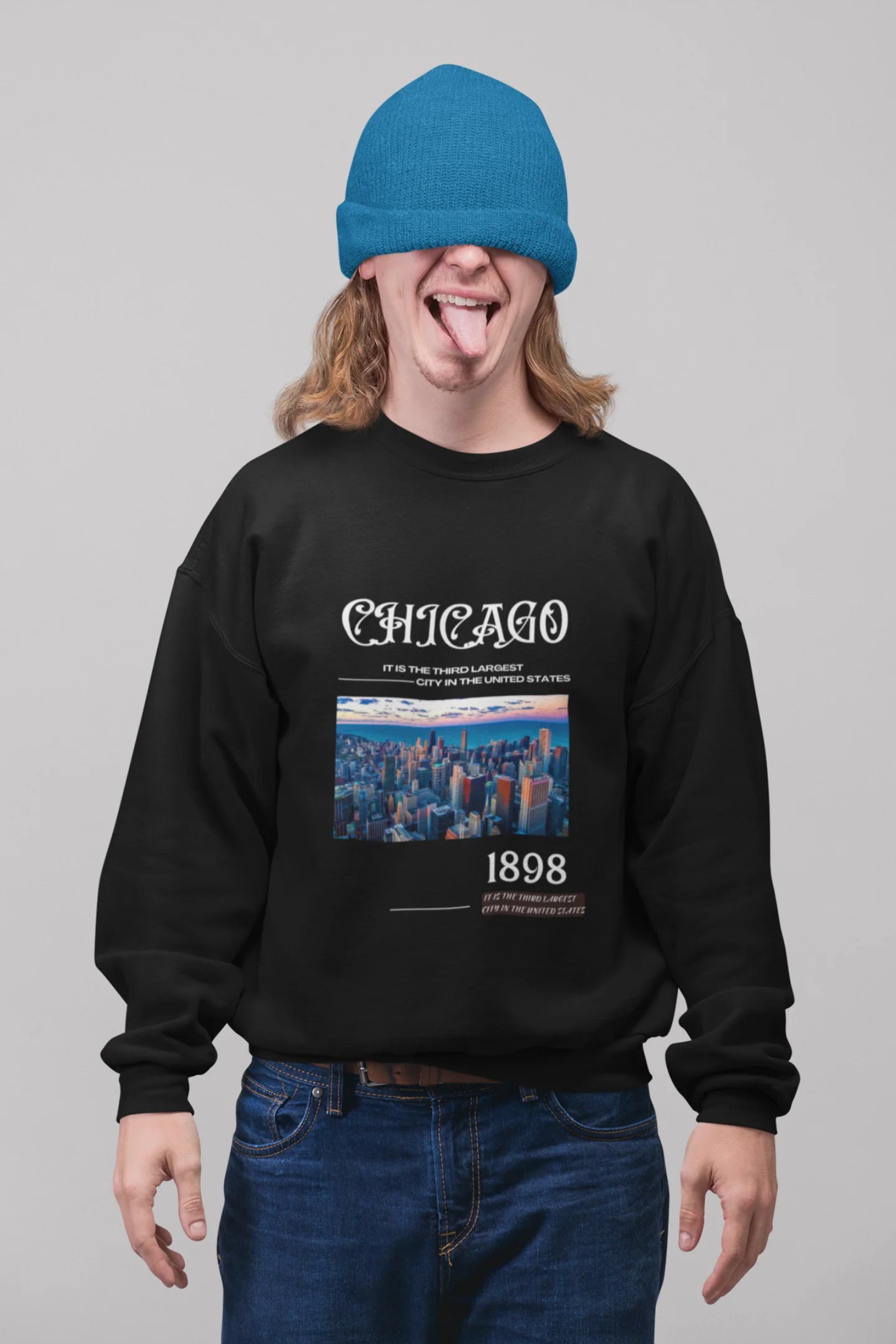First front view of male model wearing a black sweatshirt with a Chicago skyline design, offering a relaxed urban aesthetic.