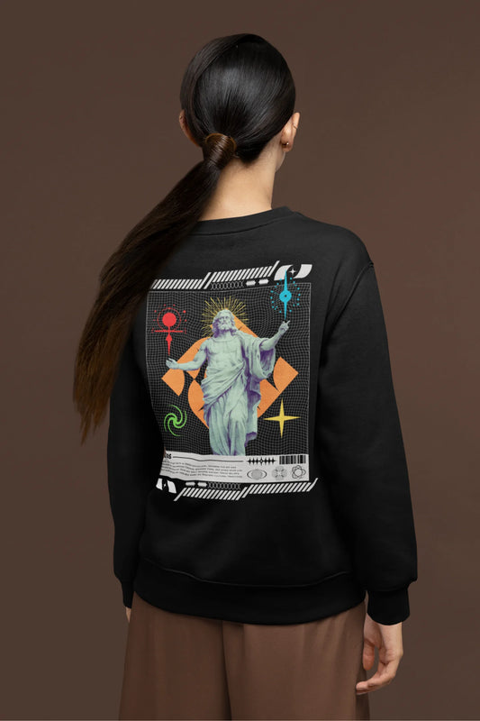 Back view of a female model wearing a brutalist-inspired black sweatshirt with a stylized image of Zeus, king of the gods, in a concrete-like design.