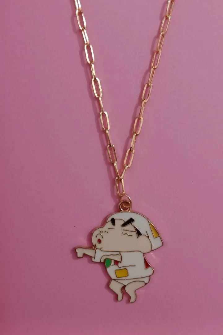 Fourth image of an anti tarnish gold chain necklace featuring a mischievous Naughty Shinchan design.