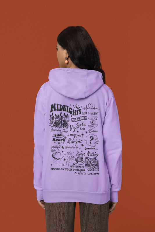 Back view of a female model wearing a lavender Midnights-inspired hoodie. Perfect for Swifties and Eras Tour fans.