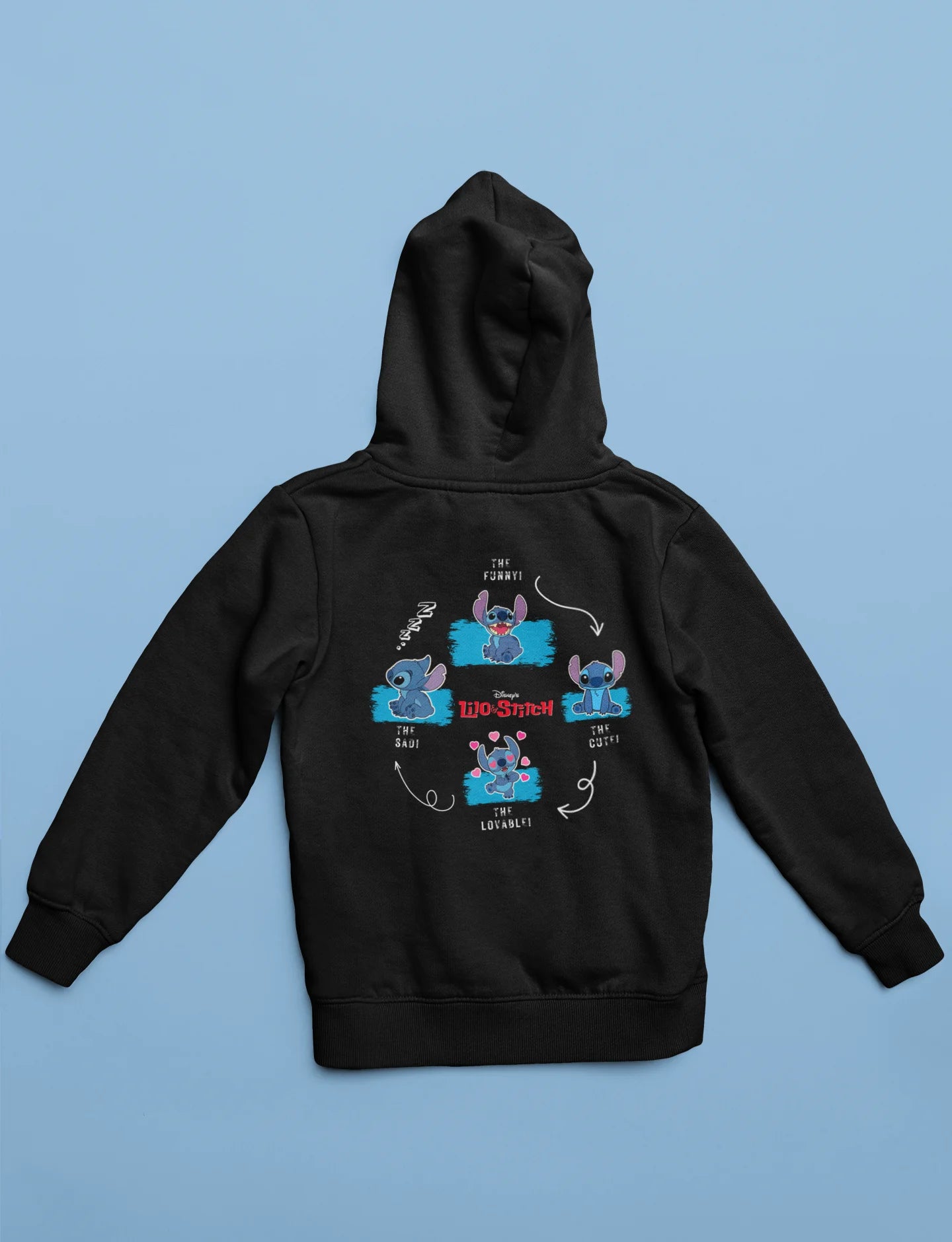 Back view of a black hoodie with a collage of Stitch images. The illustration shows Stitch in different poses, making various funny faces and expressions.
