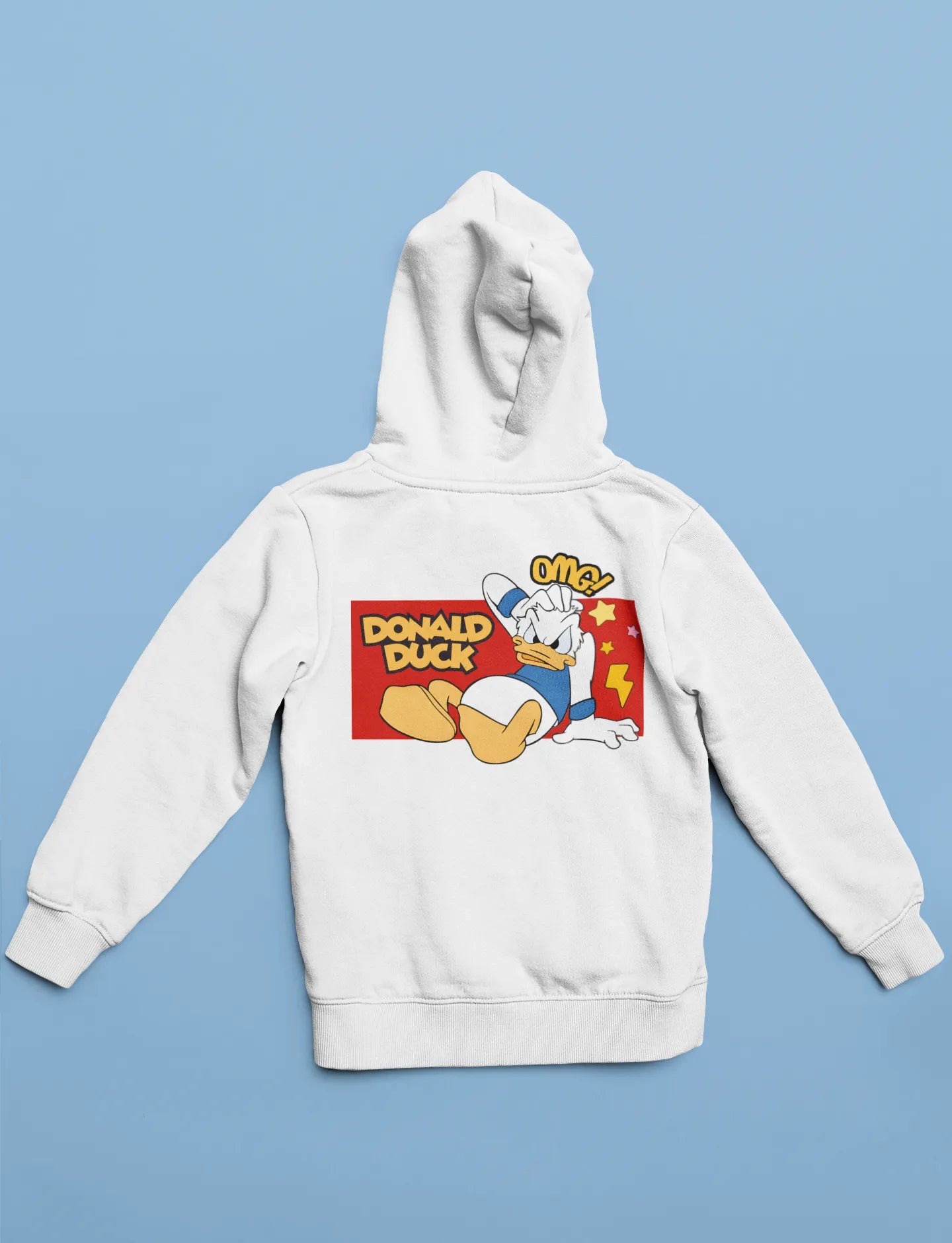 Back view of a off-white hoodie with a Disney Donald Duck design, showing him rubbing his head after a mishap.