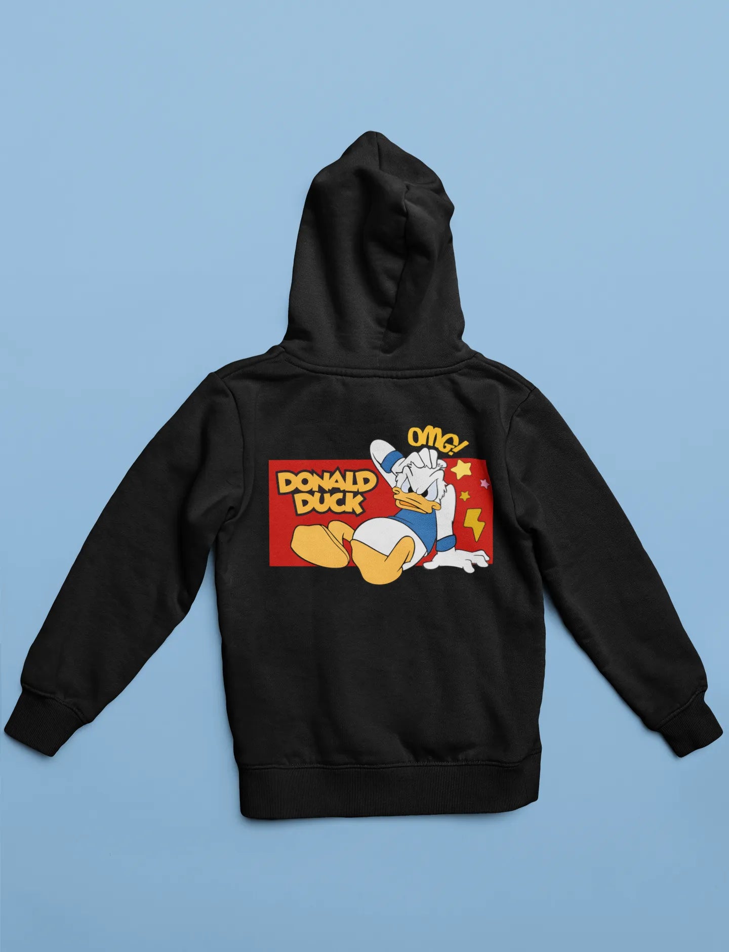 Back view of a black hoodie with a Disney Donald Duck design, showing him rubbing his head after a mishap.