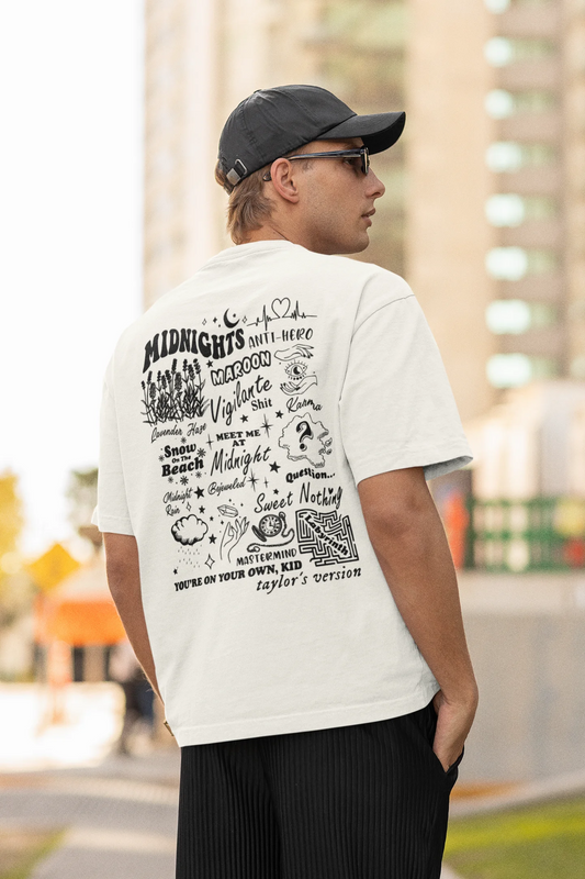 Back view of man wearing white Oversize T-shirt featuring Taylor Swift Midnight design
