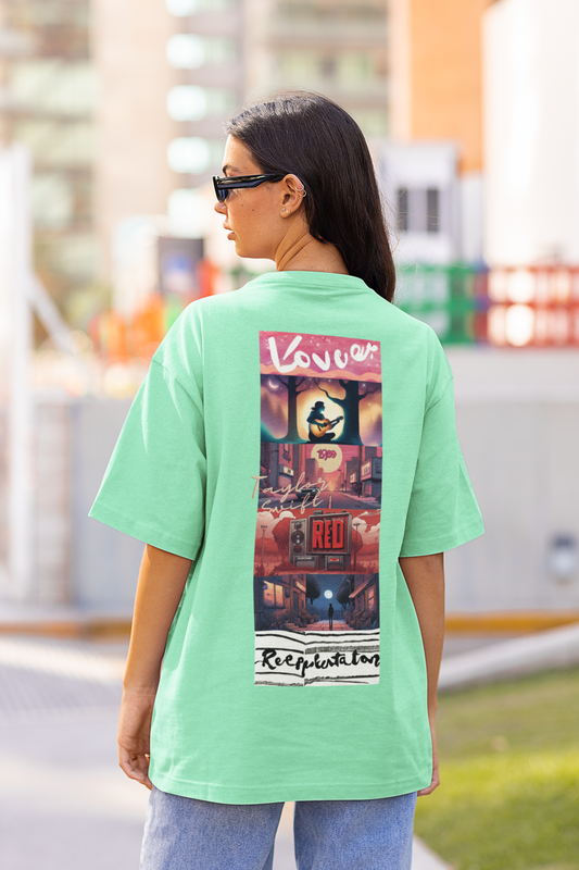 Back view of female model showcasing mint green oversized Taylor Swift t-shirts inspired by her "Lover" album (Taylor's Version).