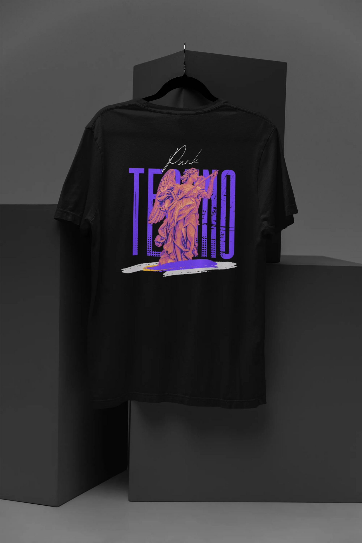 Back view of a black oversized t-shirt with a punk techno angel design, perfect for rave and party wear.