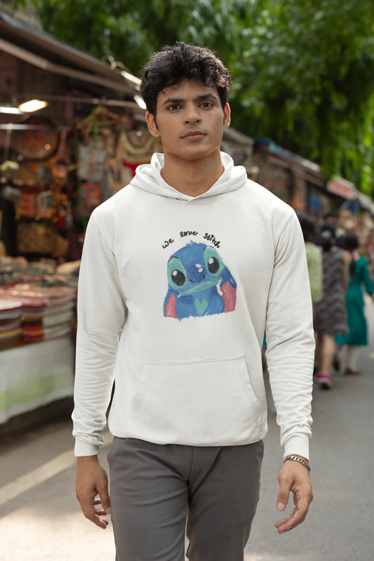 Second front view of a male model wearing a white hoodie with a large Stitch design. The illustration shows Stitch smiling and waving.