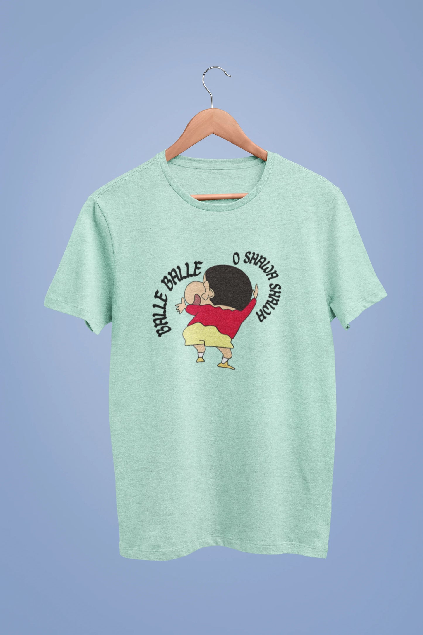Front view of an oversized mint green tee with Shinchan dancing and the text "Balle Balle". A perfect blend of anime and Bollywood for Shinchan fans.
