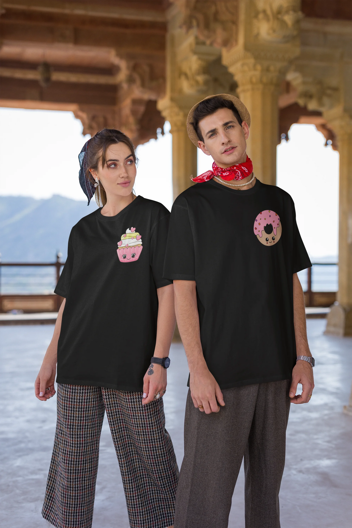 Donut and Cupcake | Couple | Premium Oversized Half Sleeve Unisex T-Shirt