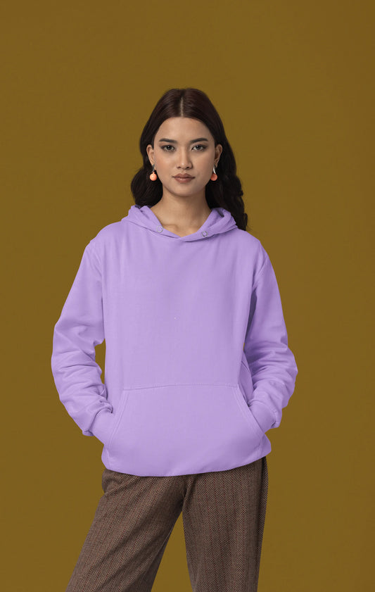 Front view of a female model wearing a lavender Midnights-inspired hoodie. Perfect for Swifties and Eras Tour fans.