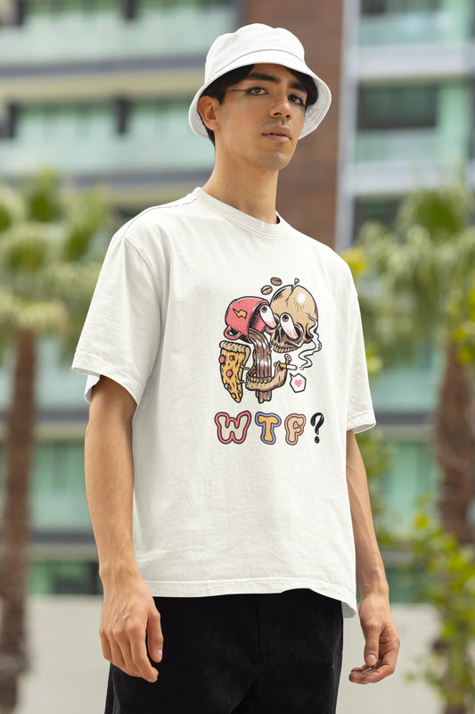 Right side view of a male model wearing an off white oversized t-shirt featuring a skull enjoying coffee, pizza, and smoking, offering a unique and edgy aesthetic.