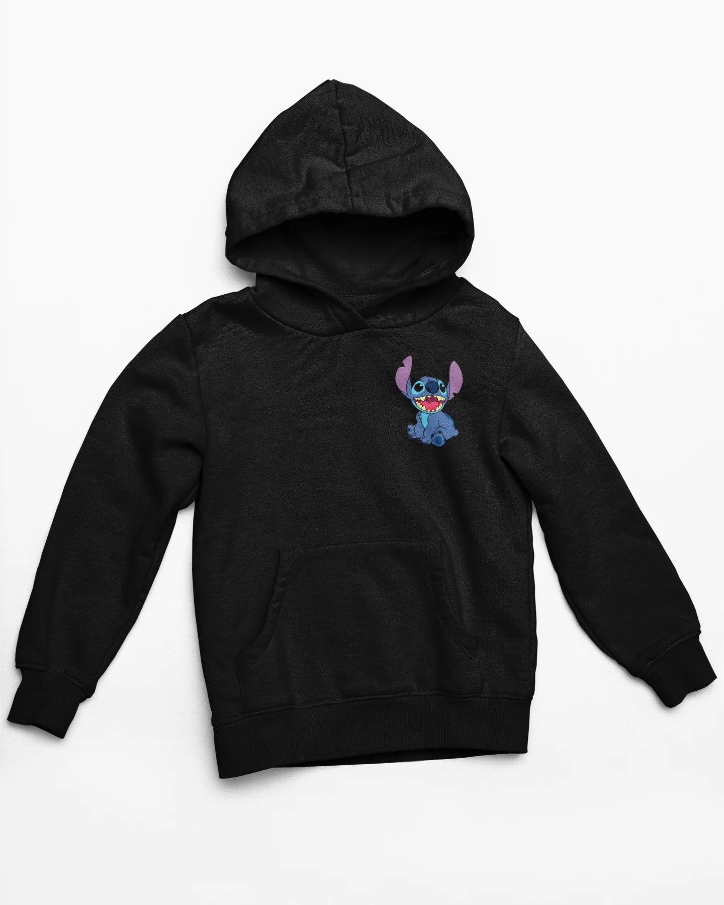 Front view a black hoodie with a collage of Stitch images. The illustration shows Stitch in different poses, making various funny faces and expressions.
