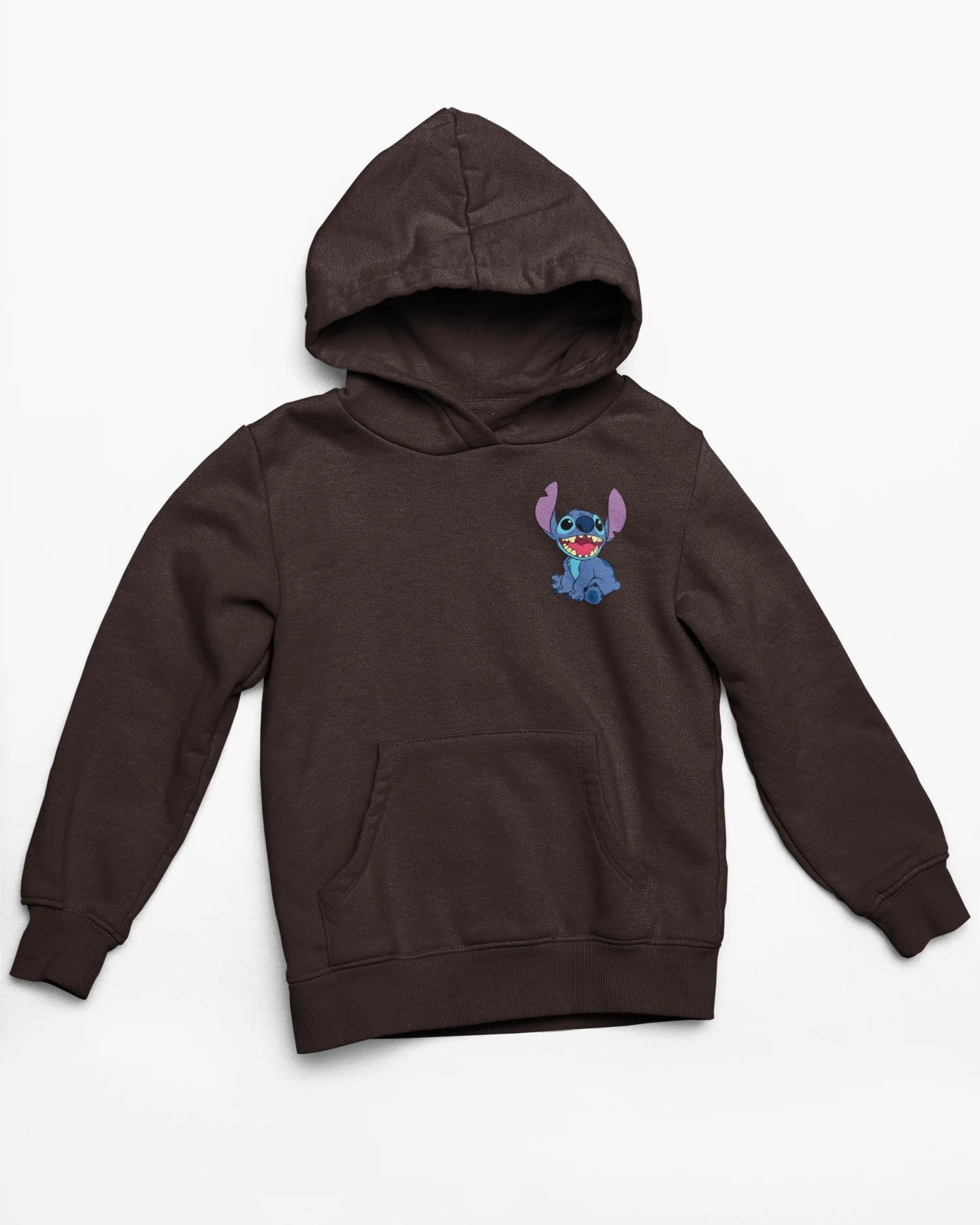 Front view of a chocolate brown hoodie with a collage of Stitch images. The illustration shows Stitch in different poses, making various funny faces and expressions.