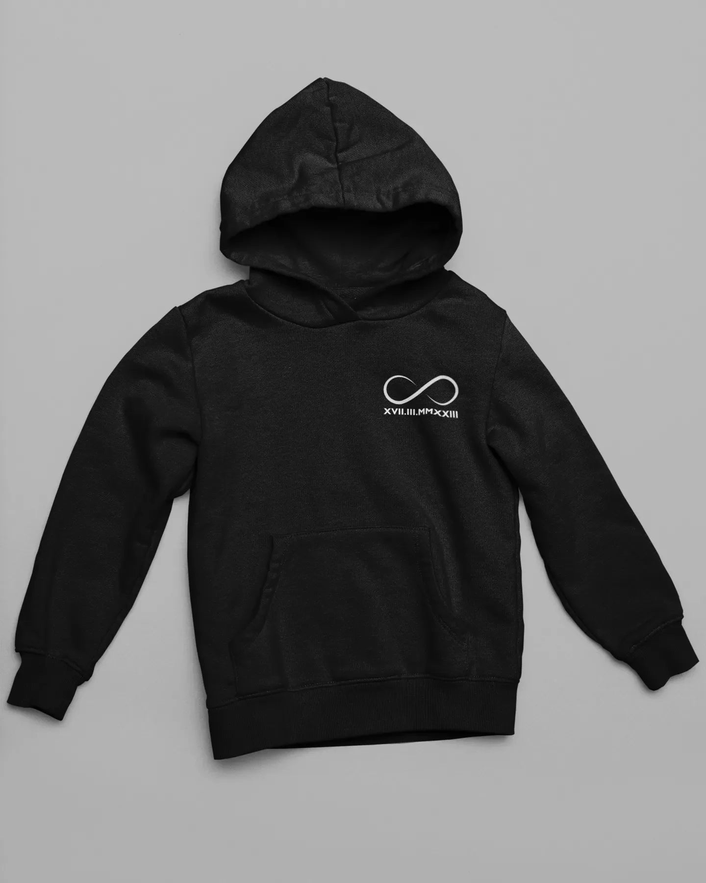 First front view of a black hoodies, each with an infinity loop design and Roman numerals underneath.