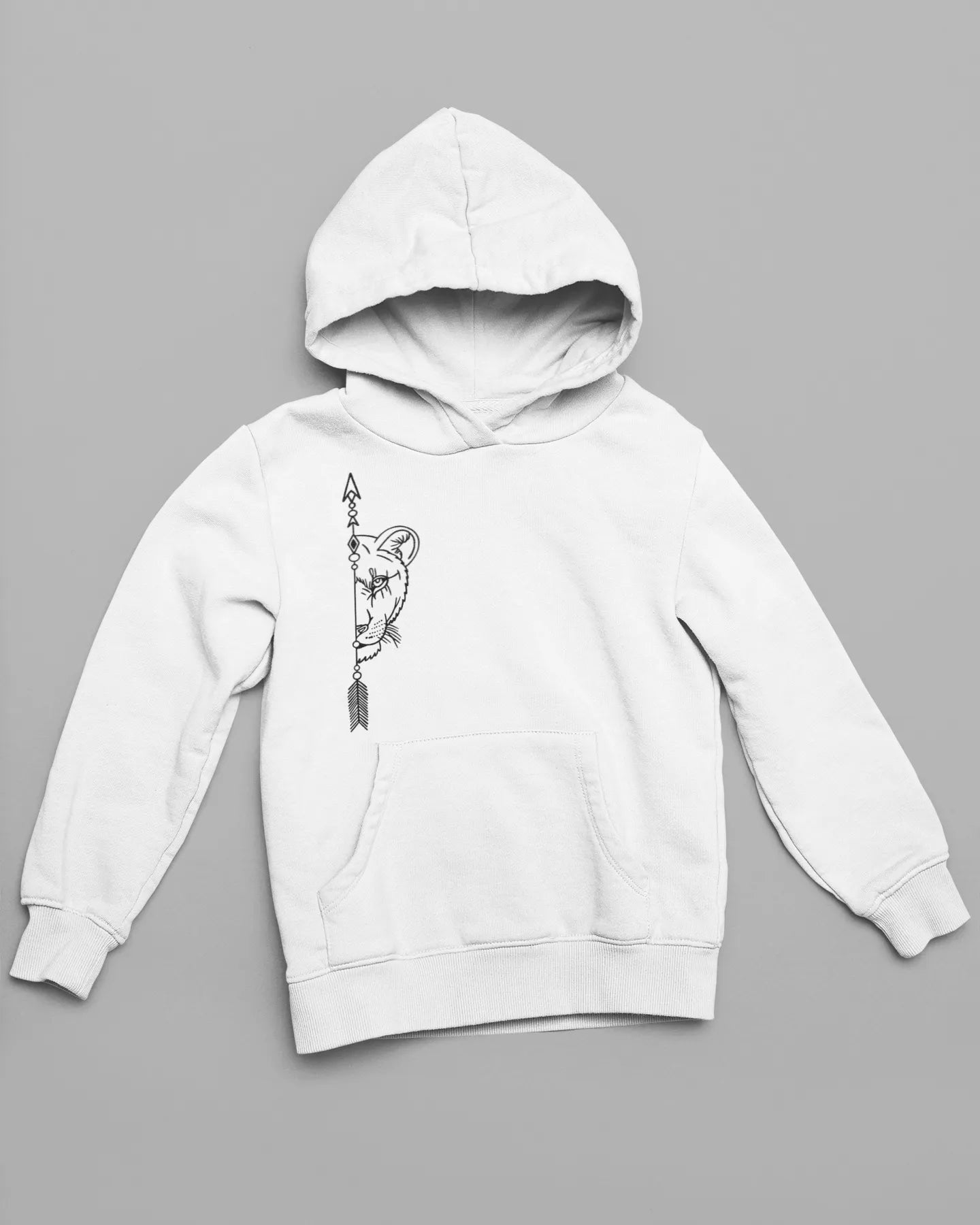 Front view of a couple's hoodie, one with a lioness outline.