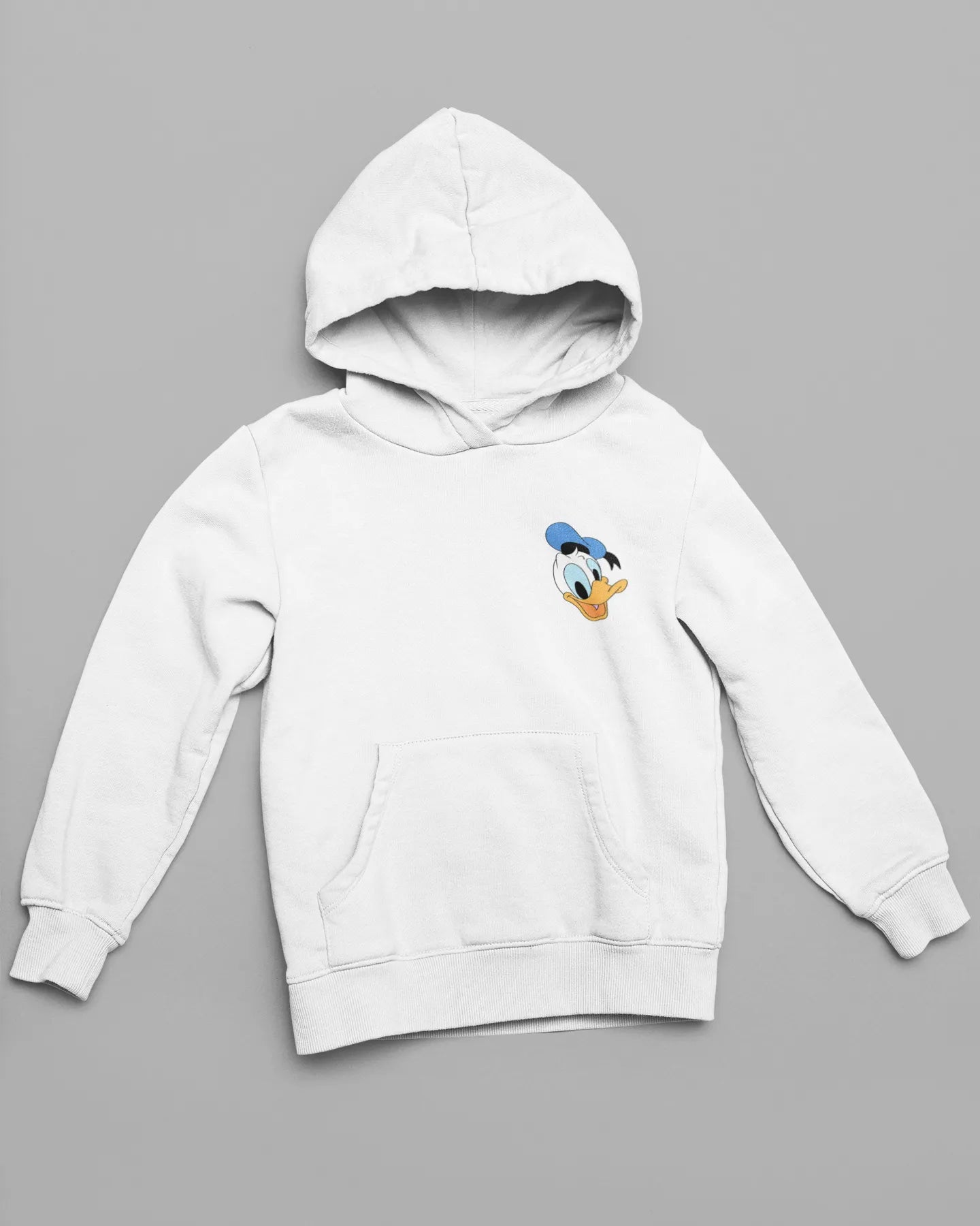 Front view of a off-white hoodie with a Disney Donald Duck design, showing him rubbing his head after a mishap.