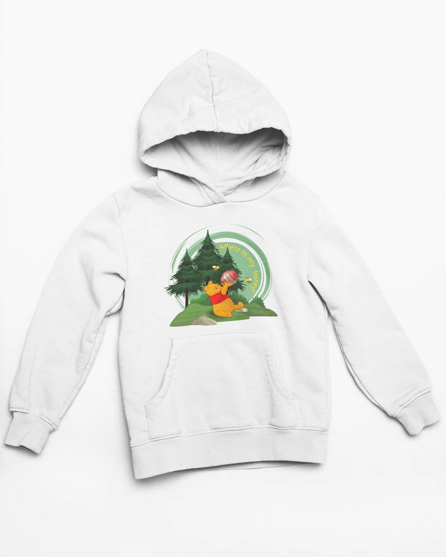 Close up front view of a off-white hoodie with a Winnie the Pooh design, showing the Disney bear eating honey from a jar in a forest.