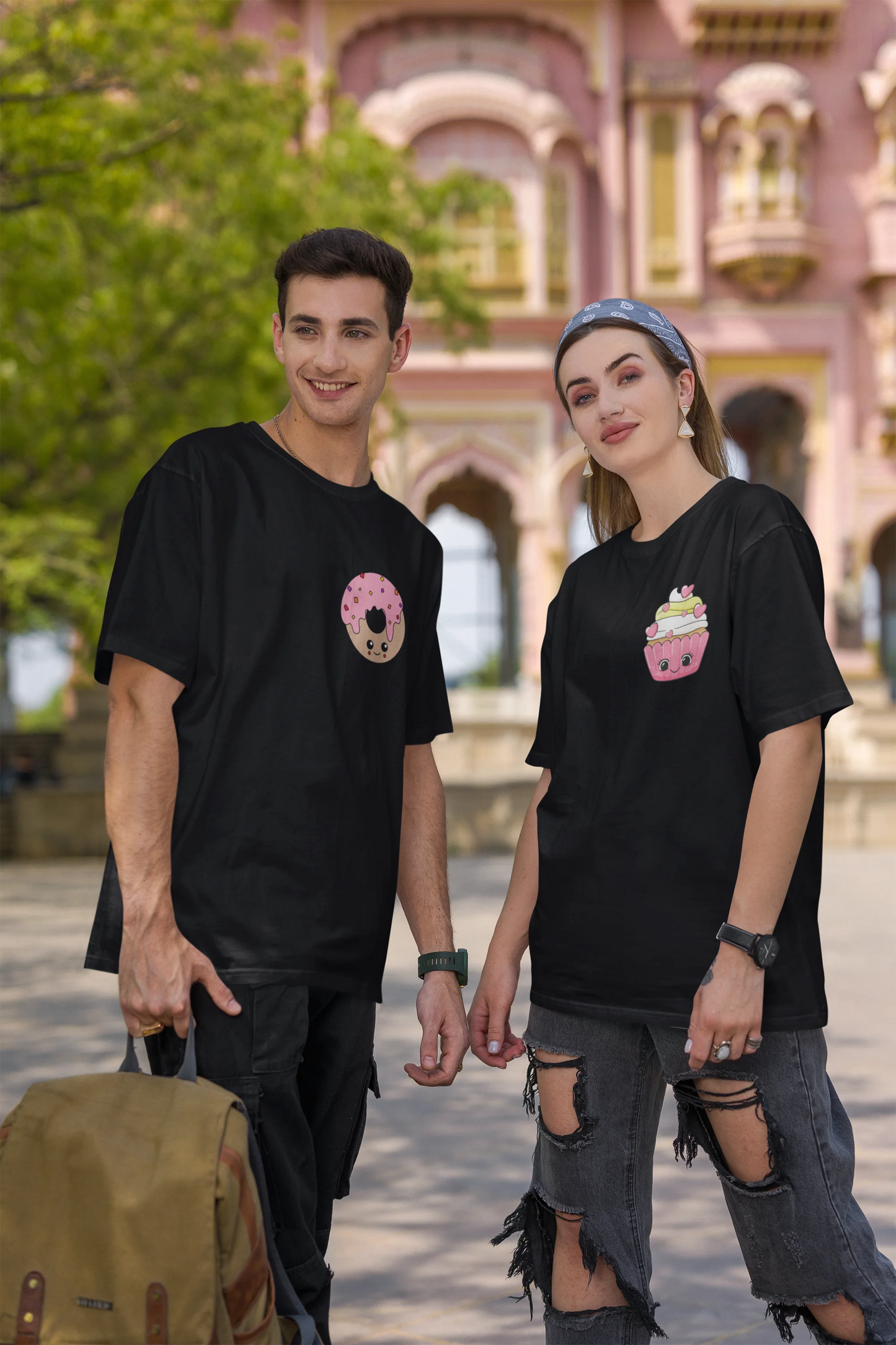 Donut and Cupcake | Couple | Premium Oversized Half Sleeve Unisex T-Shirt