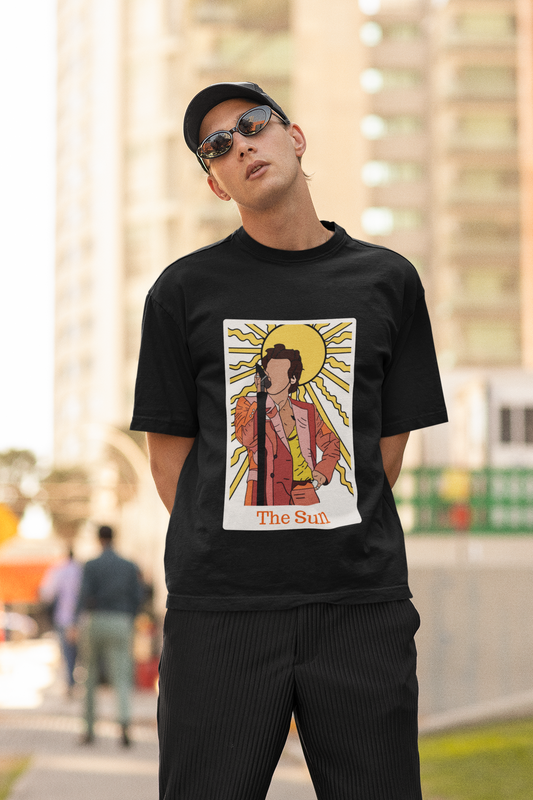 Second Image of man wearing black Oversized t-shirt inspired by 'The Sun' - perfect for fans of Harry Styles and One Direction