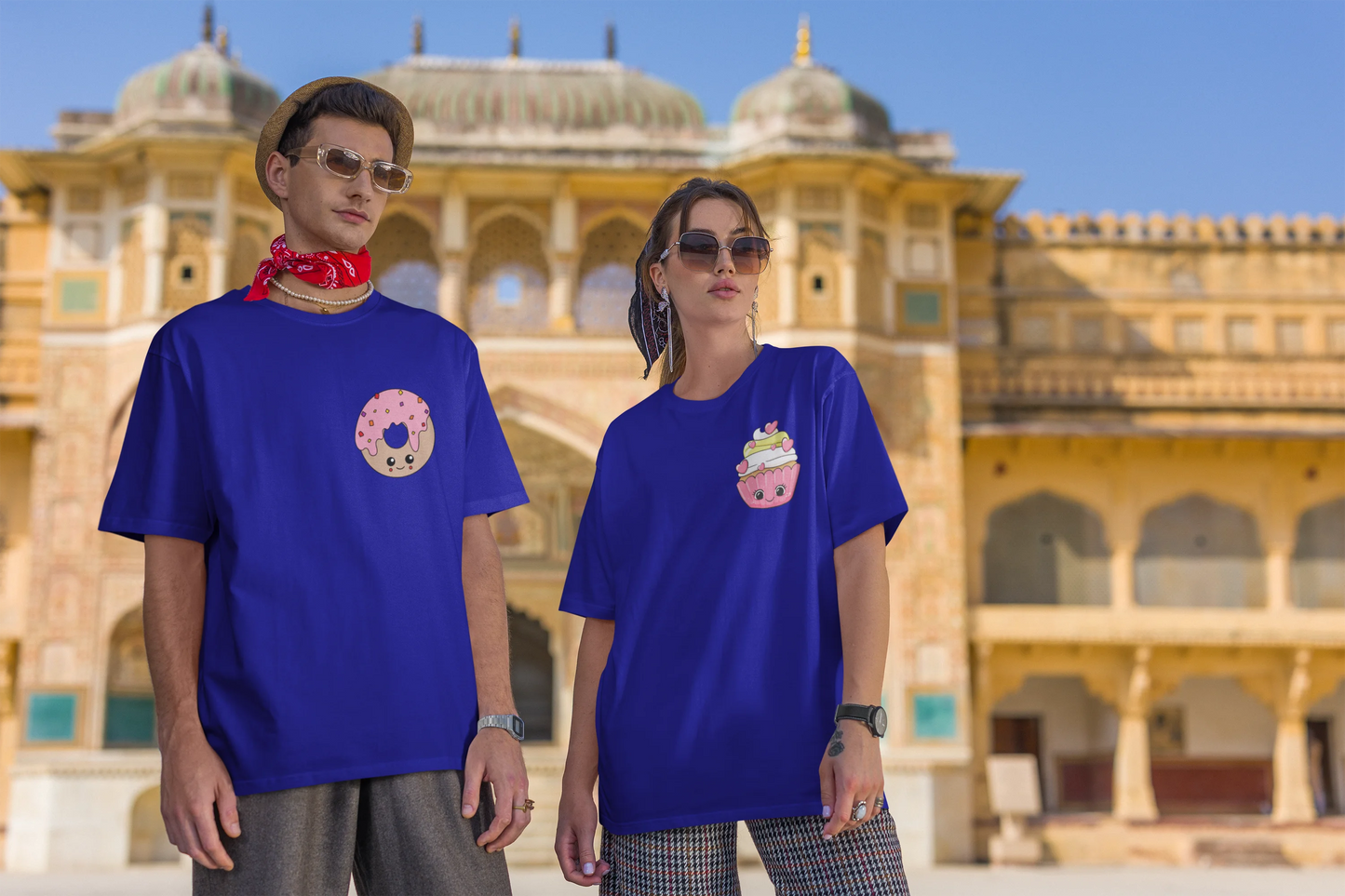 Donut and Cupcake | Couple | Premium Oversized Half Sleeve Unisex T-Shirt